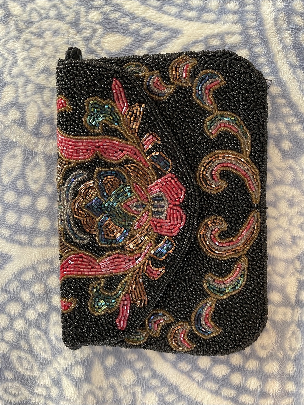 Beaded clutch/purse in Black with Pink & Multicolor Embroidery - Picture 1 of 3